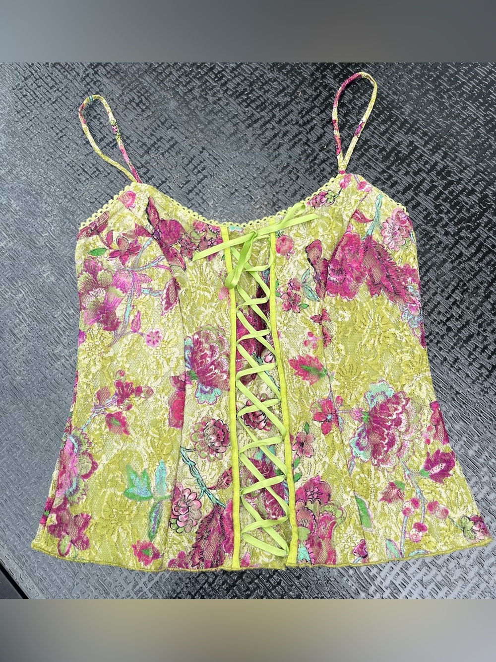 IZ Byer Y2K Floral Green Lace Up Corset Camisole Top Size M Fairy Boho Vintage